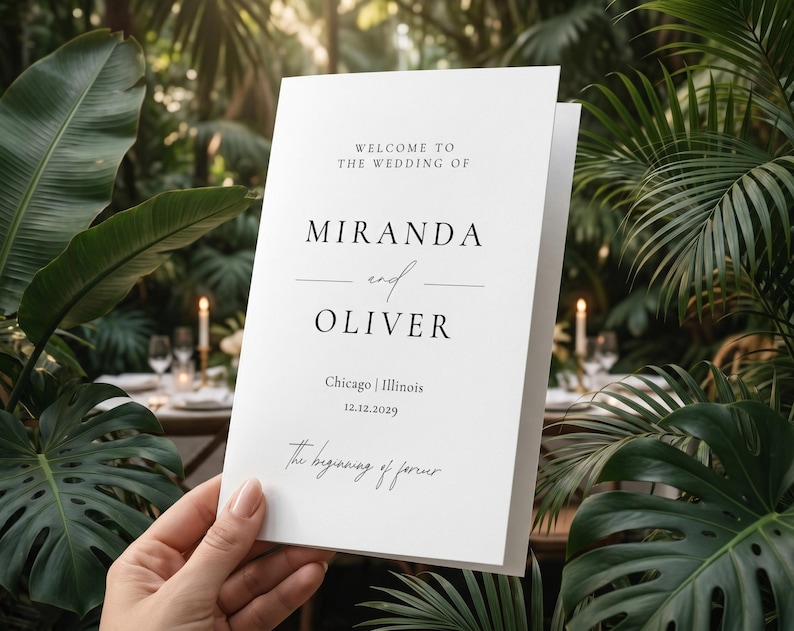 Modern wedding program template, showcasing a minimalist ceremony booklet design.