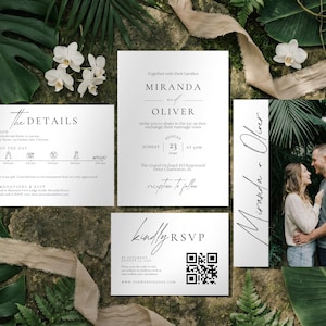May include: A wedding invitation suite featuring a central invitation card with the names "Miranda and Oliver" and event details. Additional cards include RSVP, details, and a photo. The design is minimalist with elegant typography.