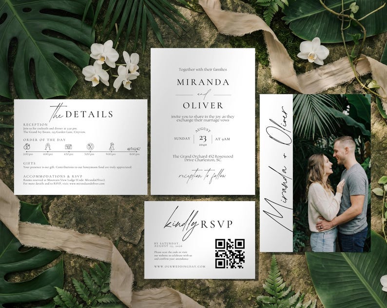 May include: A wedding invitation suite featuring a central invitation card with the names "Miranda and Oliver" and event details. Additional cards include RSVP, details, and a photo. The design is minimalist with elegant typography.