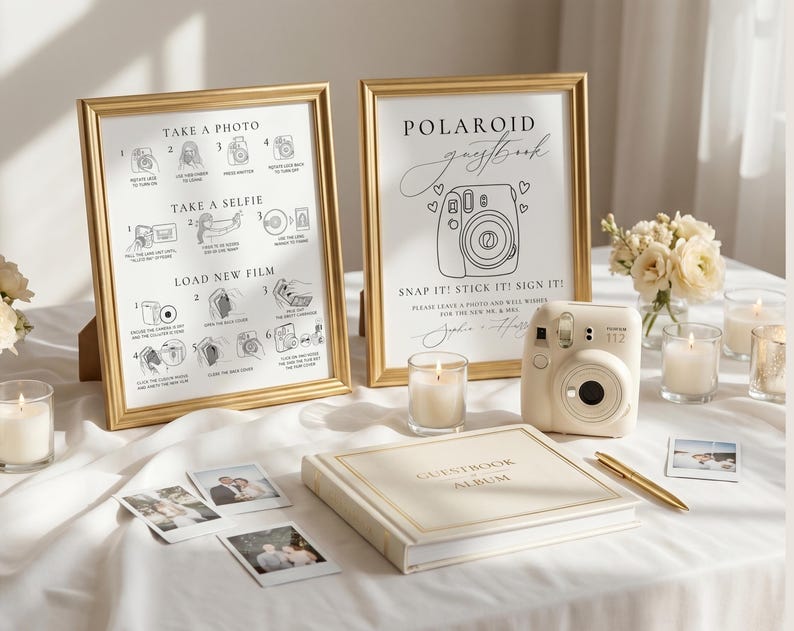 Polaroid Guest Book Wedding Sign editable Canva template in 8x10 and 5x7 sizes