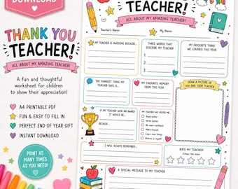 All About My Teacher Printable | Kids Fill In The Blank Keepsake |Teacher Gift From Child | A4 Digital Download, Thank you teacher