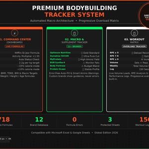Op de afbeelding: Een digitaal Premium Bodybuilding Tracker System dashboard met drie hoofdsecties: Command Center, Macro & Supplement Tracker en Workout Matrix. De interface bevat live formules, merkdatabases en trainingslogboeken voor Excel en Google Sheets.