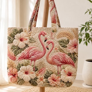 Könnte beinhalten: Eine gesteppte Tragetasche mit einem detaillierten Stickmuster aus zwei rosa Flamingos, umgeben von großen weißen und rosa Hibiskusblüten und grünem Blattwerk. Die Tasche hat zwei passende Stoffträger und eine rechteckige Form.