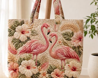 Benutzerdefinierte Flamingo gesteppte Einkaufstasche, personalisierte tropische Hibiskushandtasche, rosa Flamingo-Einkaufsgeschenk für Flamingo-Liebhaber-Frauen