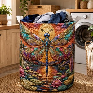 Dragonfly Quilted Laundry Basket, Colorful Pond Floral Hamper, Cottagecore Insect Laundry Bin, Whimsical Fabric Storage Basket