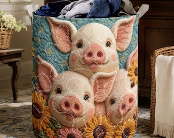 Cute Pig Quilted Laundry Basket, Cute Pig Floral Hamper, Farmhouse Pig Laundry Bin, Cottagecore Animal Fabric Storage Basket