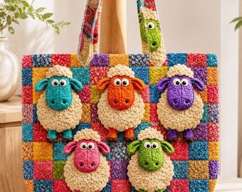 Personalized Colorful Sheep Quilted Tote Bag, Whimsical Patchwork Lamb Handbag, Funny Flock Gift for Sheep Lover Women