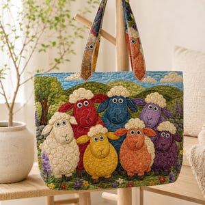 May include: A quilted tote bag featuring a colorful landscape scene with six sheep in shades of white, red, blue, yellow, orange, and purple. The bag has two matching fabric handles and a detailed stitched texture throughout the entire surface.