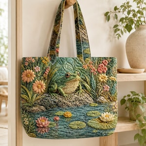 May include: A quilted tote bag featuring a detailed scene of a green frog sitting on a rock in a pond. The design includes colourful water lilies, lotus flowers, and lush green foliage. The bag has two matching fabric handles and a rectangular shape.