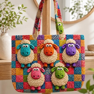 May include: A tote bag featuring a colourful patchwork background of small floral squares. Five three-dimensional sheep appliqués are attached to the front, each with a cream-coloured textured wool body and a distinctively coloured face in teal, orange, purple, pink, or green.