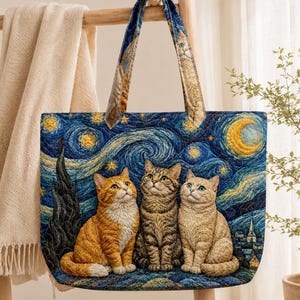 Cute Cat Quilted Tote Bag, Personalized Kitty Handbag, Colorful Patchwork Cat Shoulder Bag, Gift for Cat Lovers