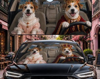 Jack Russell Terrier Auto-Sonnenschutz, Royal Jack Russel-Sonnenschutz, lustiger Meme King & Queen Dog Auto-Dekor, Windschutzscheiben-Auto-Sonnenschutz