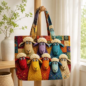Colorful Sheep Custom Quilted Tote Bag, Whimsical Patchwork Lamb Handbag, Funny Flock Gift for Sheep Lover Women