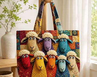 Bunte Schaf-Gesteppte Taschen-Tasche, wunderliche Patchwork-Lamm-Handtasche, lustiges Flock-Geschenk für Schaf-Liebhaber-Frauen