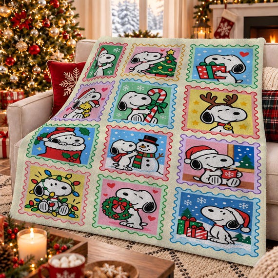 Weihnachts-Fleecedecke mit Hund und Woodstock, personalisierte Vintage- Fleecedecke mit Cartoon-Hund und Woodstock, Weihnachtsgeschenk mit Cartoon-Hund