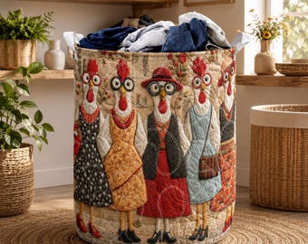 Huhn gesteppter Wäschekorb, lustiger Henne-Modekorb, Bauernhaus-Hahn-Wäschekorb, wunderlicher Stoff-Aufbewahrungskorb