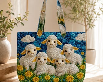 Niedliche Schaf individuelle gesteppte Einkaufstasche, personalisierte Blumen Bauernhaus Lamm Handtasche, süßes Flock Geschenk für Schaf-Liebhaber Frauen