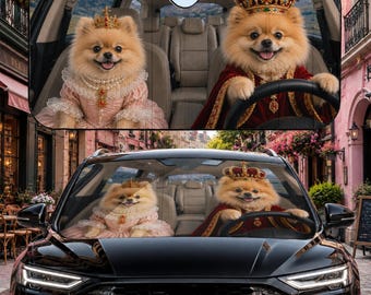 Pommerscher Auto-Sonnenschutz, königlicher Pommern-Sonnenschutz, König-Königin-Hund-Autodekor, Windschutzscheiben-Sonnenschutz, Auto-Sonnenschutzgeschenk