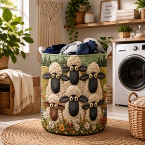May include: A cylindrical fabric laundry hamper featuring a quilted green landscape background with five three-dimensional sheep appliqués. The sheep have textured cream-coloured wool, dark faces, and yellow eyes, surrounded by colourful embroidered flowers.