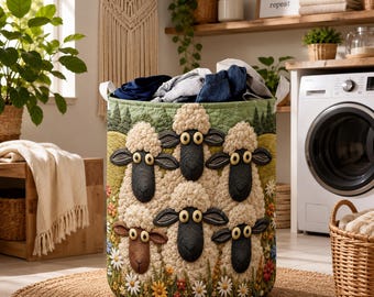 Sheep Quilted Laundry Basket, Colorful Farm Animal Hamper, Cute Lamb Laundry Bin, Farmhouse Storage Basket
