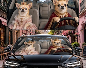 Chihuahua-Auto-Sonnenschutz, Royal Chihuahua-Sonnenschutz, König und Königin Chihuahua-Auto-Dekor, Windschutzscheiben-Auto-Sonnenschutz, Auto-Dekor-Geschenk