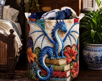 Cesta de ropa acolchada con diseño de dragón, cesta para amantes de los libros de fantasía, cesta de ropa azul con diseño de dragón, cesta de almacenamiento para bibliotecas mágicas.