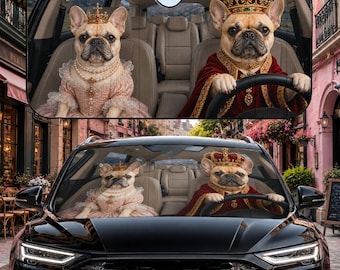 Auto-Sonnenschutz für französische Bulldogge, Royal Frenchie-Sonnenschutz, König und Königin Französische Bulldogge-Auto-Dekor, Windschutzscheiben-Auto-Sonnenschutz