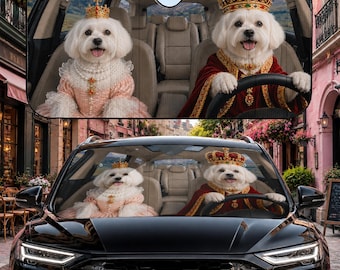 Auto-Sonnenschutz, maltesischer Auto-Sonnenschutz, königlicher maltesischer Sonnenschutz, Auto-Dekor für Königs- und Königinhunde, lustiger Windschutzscheiben-Sonnenschutz, maltesischer Auto-Sonnenschutz