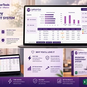 Könnte beinhalten: Eine Bestandsverwaltungssystem-Vorlage für Microsoft Excel von LogiMasterTools. Die Benutzeroberfläche zeigt Bestands-Dashboards, Finanzübersichten und detaillierte Protokolle in violettem und weißem Design mit Textbeschriftungen.
