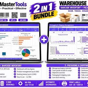 May include: A 2-in-1 digital bundle for warehouse management featuring two laptop screens displaying inventory and shipping dashboards. Includes icons for barcode scanners, shipping boxes, and labels with text LogiMasterTools.