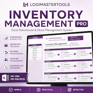 Puede incluir: Una plantilla de sistema de gestión de inventario para Excel titulada Logimastertools Inventory Management Pro. La interfaz presenta un esquema de color púrpura y blanco con secciones para análisis de tablero, seguimiento de inventario, devoluciones y gestión de proveedores.