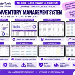 May include: An Excel inventory management system template by LogiMasterTools featuring eight distinct sections including dashboard visualization, inventory dashboard, master data, inventory movements, returns, suppliers, reorder list, and storage location overview.
