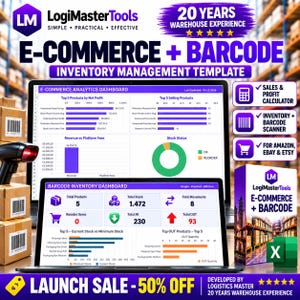 May include: A digital inventory management template for e-commerce featuring two dashboard screens displaying analytics, stock status, and barcode tracking. The interface includes charts, tables, and icons for sales, profit, and inventory management.