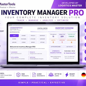 May include: A laptop displaying the Inventory Manager PRO software interface, featuring a dashboard with inventory metrics, stock levels, and navigation menus. The screen shows text including Control Center, Inventory Overview, and Welcome to Inventory Manager PRO.