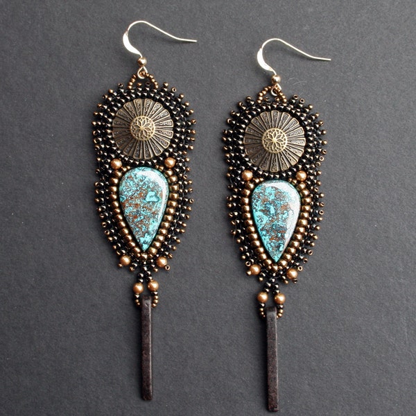 Bead embroidered earrings - chrysocolla, metal buttons and brown greek spikes