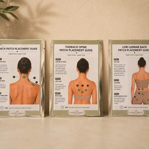 May include: Three rectangular silver foil packets featuring instructional guides for patch placement. The labels are titled Neck Patch Placement Guide, Thoracic Spine Patch Placement Guide, and Low Lumbar Back Patch Placement Guide, each showing anatomical diagrams with numbered steps.