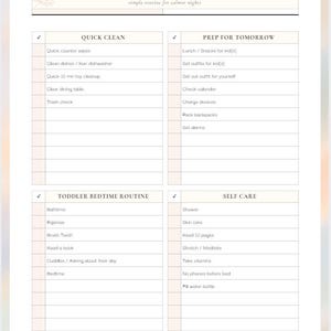 May include: A white printable checklist titled EVENING RESET with four sections: QUICK CLEAN, PREP FOR TOMORROW, TODDLER BEDTIME ROUTINE, and SELF CARE. Each section contains a list of tasks with checkboxes. The bottom text reads The Calm Home Reset Collection.