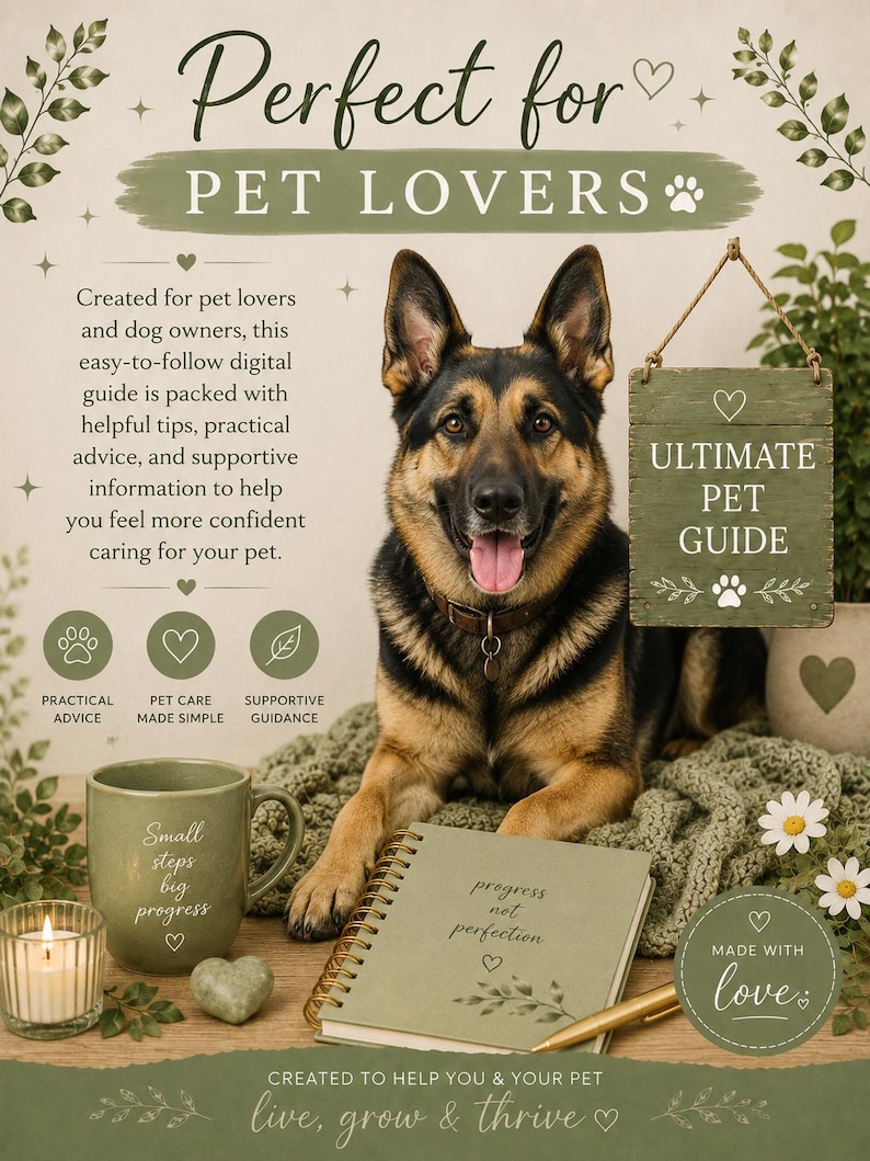 K&ouml;nnte beinhalten: Werbung f&uuml;r einen Tierpflege-Ratgeber mit einem Deutschen Sch&auml;ferhund. Das Bild enth&auml;lt ein Notizbuch, eine Tasse, eine Kerze und ein Schild mit der Aufschrift "Ultimate Pet Guide". Der Text enth&auml;lt "Perfect for Pet Lovers" und "live, grow & thrive".