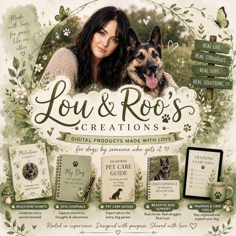 K&ouml;nnte beinhalten: Illustrierte Werbung f&uuml;r "Lou & Roo's Creations" mit einer Frau und einem Deutschen Sch&auml;ferhund. Das Bild zeigt digitale Produkte f&uuml;r Hunde, darunter Meilensteintafeln, Journale, Ratgeber f&uuml;r Haustiere und Trainingswerkzeuge. Das Design enth&auml;lt florale Elemente und Pfotenabdr&uuml;cke.