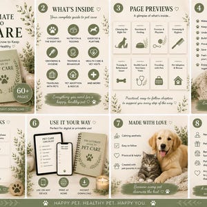 K&ouml;nnte beinhalten: Ein Ratgeber f&uuml;r die Tierpflege mit dem Titel "The Ultimate Guide to Pet Care". Das Buch hat ein Pfotenabdruck-Design und enth&auml;lt Abschnitte zu Gesundheit, Training und Ern&auml;hrung von Haustieren. Das Bild zeigt auch einen Hund und eine Katze.