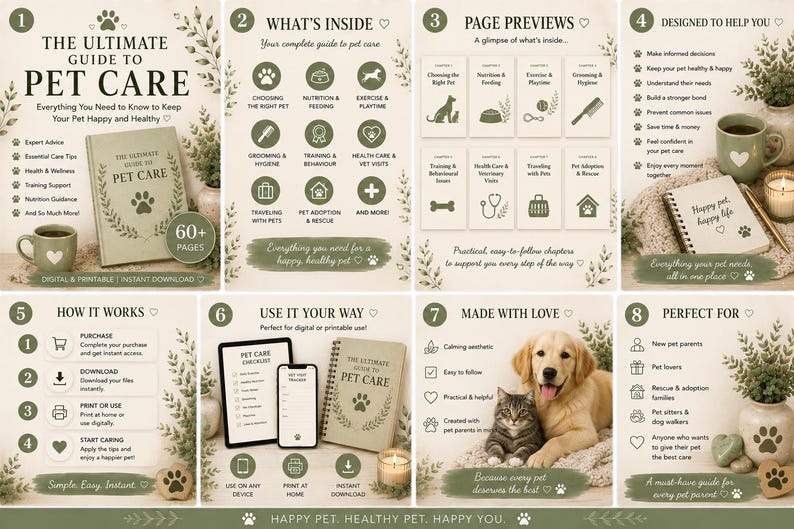 K&ouml;nnte beinhalten: Ein Ratgeber f&uuml;r die Tierpflege mit dem Titel "The Ultimate Guide to Pet Care". Das Buch hat ein Pfotenabdruck-Design und enth&auml;lt Abschnitte zu Gesundheit, Training und Ern&auml;hrung von Haustieren. Das Bild zeigt auch einen Hund und eine Katze.