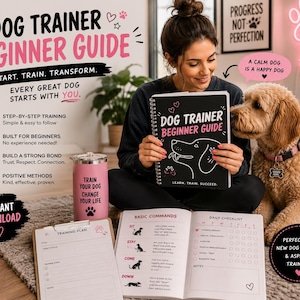 Puede incluir: Una guía para principiantes en adiestramiento canino con encuadernación en espiral, portada negra, dibujos lineales blancos de un perro, texto rosa y corazones. Incluye un vaso rosa con texto negro, un portapapeles y un manual de instrucciones.