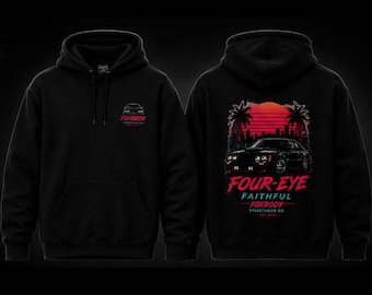 Sweat à capuche quatre yeux Faithful | Streetwear Foxbody Mustang | Sweat à capuche rétro années 80 pour passionné de voitures | Sweat à capuche Synthwave