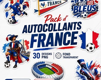 Könnte beinhalten: Eine Sammlung von Aufklebern zum Thema Frankreich mit einem Fußball, einem Hahn, einer Flagge und einem Stadion. Die Aufkleber sind in Rot, Weiß und Blau gehalten und tragen die Aufschrift "FRANCE" und "TOUS AVEC LES BLEUS".
