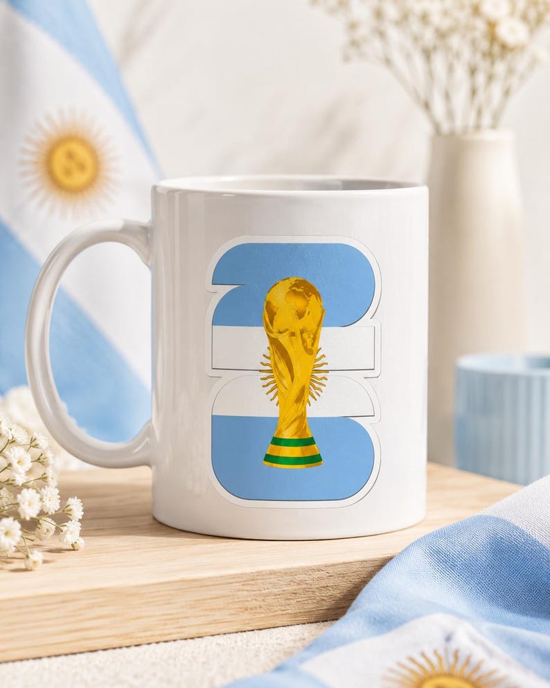 K&ouml;nnte beinhalten: Wei&szlig;e Keramiktasse mit einem stilisierten Design der argentinischen Flagge und einer goldenen Troph&auml;e. Die Tasse hat einen Henkel und steht auf einer Holzoberfl&auml;che, mit einer Flagge im Hintergrund. Die Troph&auml;e hat einen gr&uuml;nen und gelben Sockel.