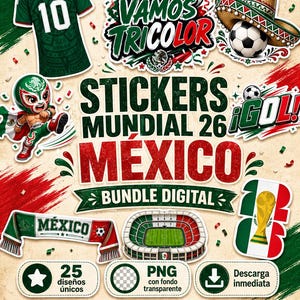 Könnte beinhalten: Ein digitales Sticker-Bundle mit mexikanischem Thema. Das Design zeigt ein grünes Fußballtrikot mit der Nummer 10, einen Luchador, einen Sombrero, einen Fußball und den Text "VAMOS TRICOLOR". Die Aufkleber sind in Rot, Grün und Weiß.