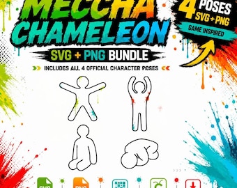 Könnte beinhalten: Ein digitales Paket mit dem Titel Meccha Chameleon, das vier schwarze Umriss-Charakterposen in SVG- und PNG-Formaten enthält. Das Design umfasst farbige Farbspritzer-Akzente, Text mit der Angabe von 4 Posen sowie Symbole für SVG, PNG, transparenten Hintergrund und Download.