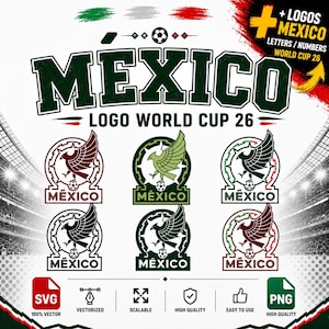 Può includere: Una grafica digitale con il testo MEXICO LOGO WORLD CUP 26 in lettere verdi in grassetto con bordi neri. Sotto, sei emblemi circolari mostrano un'aquila stilizzata appollaiata su un pallone da calcio, ciascuno in diverse combinazioni di colori rosso, verde e nero.