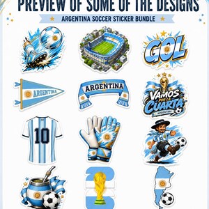 K&ouml;nnte beinhalten: Eine Sammlung von Aufklebern zum Thema Argentinien-Fu&szlig;ball. Designs umfassen ein Fu&szlig;ballstadion, ein Trikot mit der Nummer 10, einen Fu&szlig;ball, eine Troph&auml;e und das Wort "GOL". Perfekt f&uuml;r Wasserflaschen und Laptops.