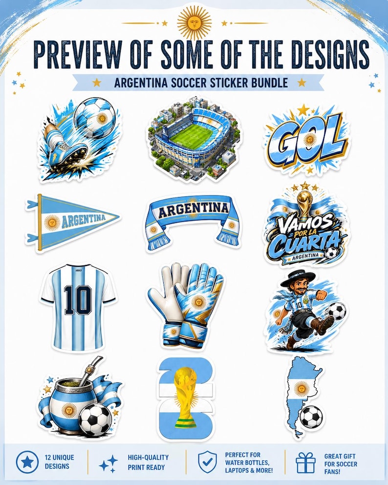 K&ouml;nnte beinhalten: Eine Sammlung von Aufklebern zum Thema Argentinien-Fu&szlig;ball. Designs umfassen ein Fu&szlig;ballstadion, ein Trikot mit der Nummer 10, einen Fu&szlig;ball, eine Troph&auml;e und das Wort "GOL". Perfekt f&uuml;r Wasserflaschen und Laptops.